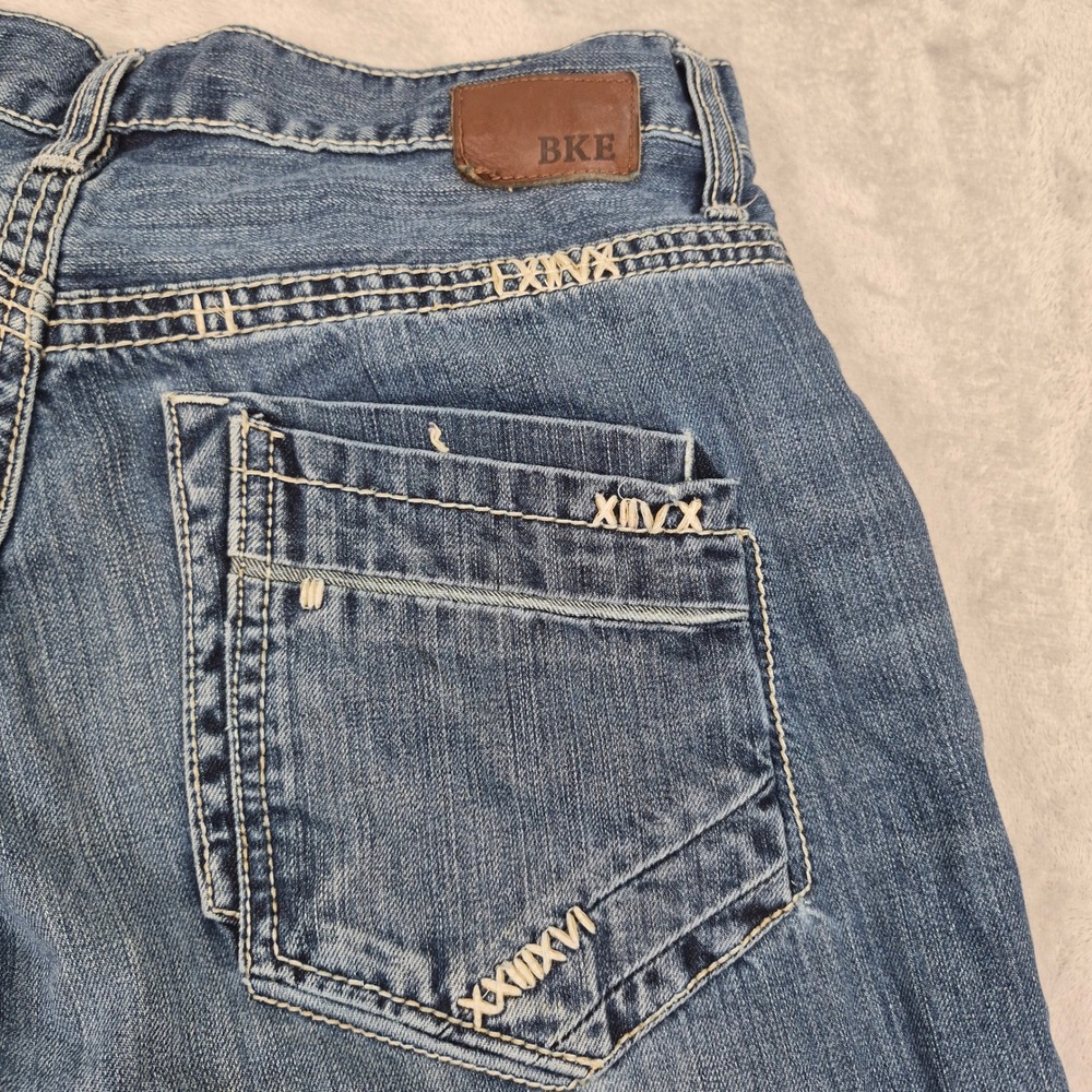 BKE Carter 33S 33x28 **Hemmed** Mens Straight Leg Jeans Blue Heavy Stitch Cotton
